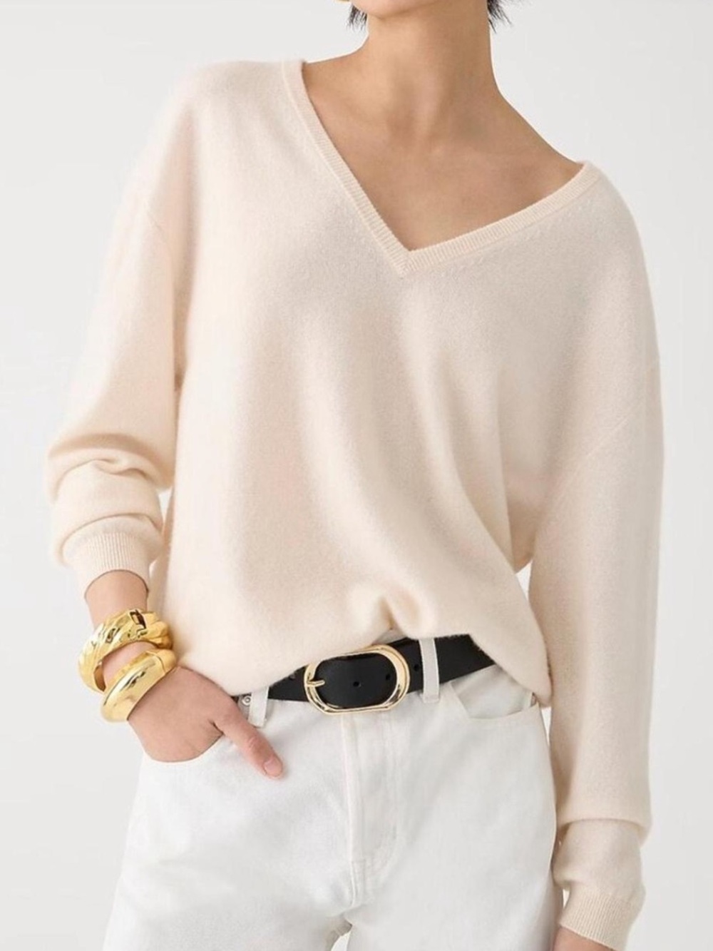 J. Crew Women's Light Cream V-Neck Cashmere Sweater